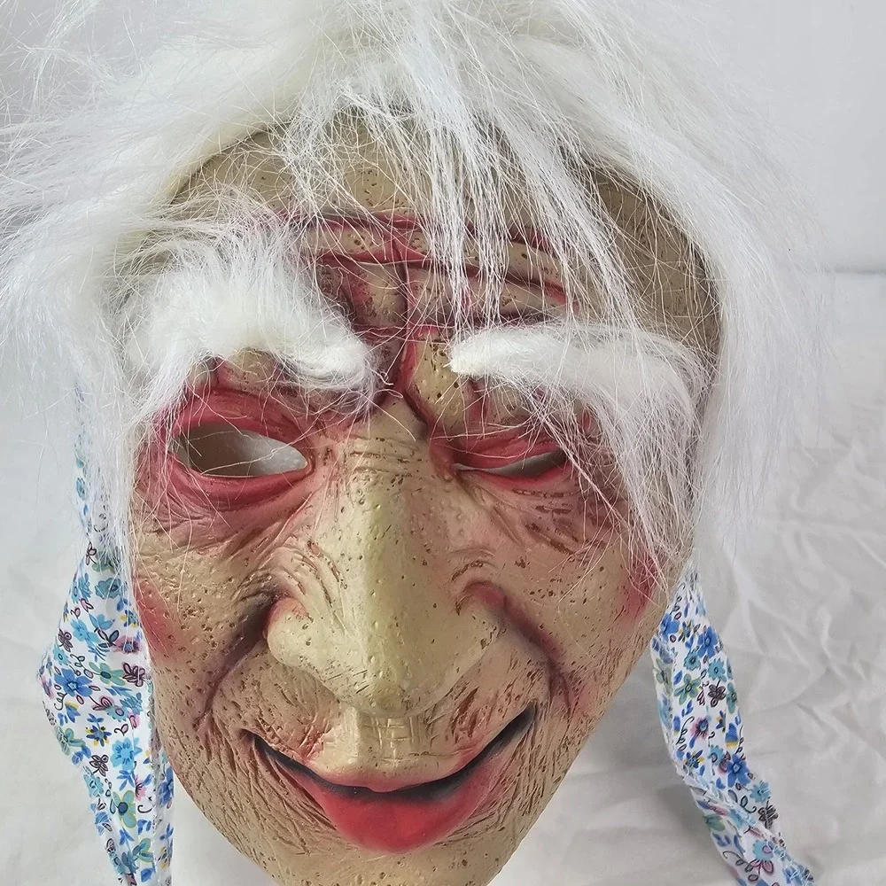 Creepy Old Lady Halloween Mask Face Witch Scary Grandma Mask with Hair & Scarf